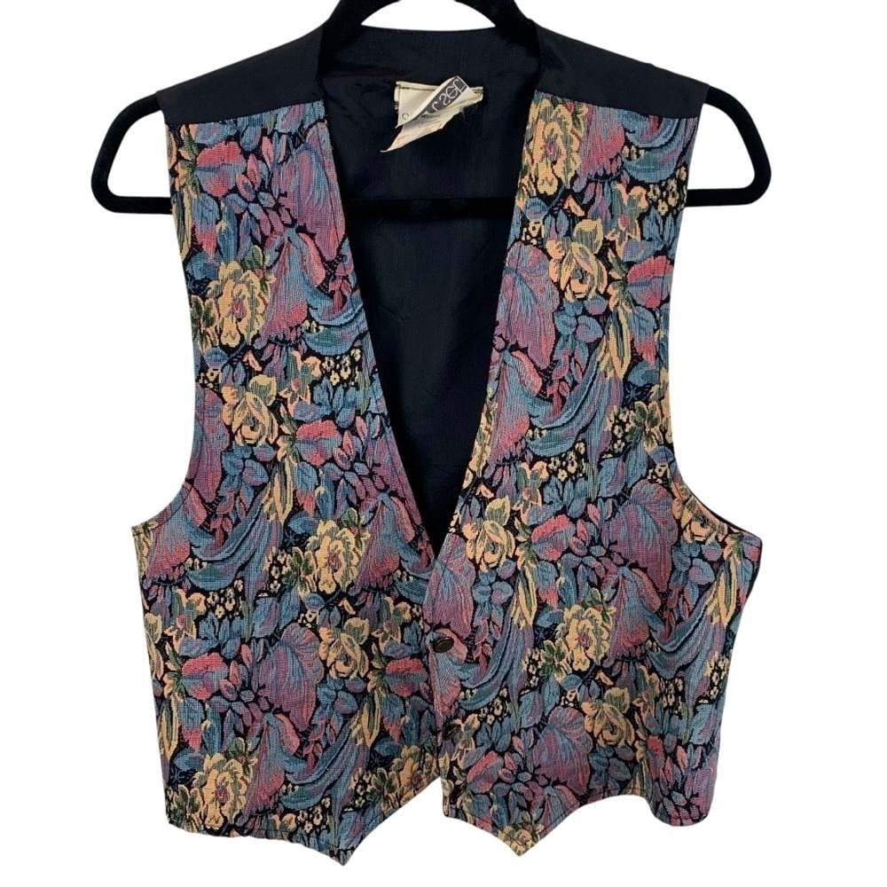 Vintage Smart Set Floral Tapestry Vest sz L Blue Pink 90s Y2K Blossom Friends